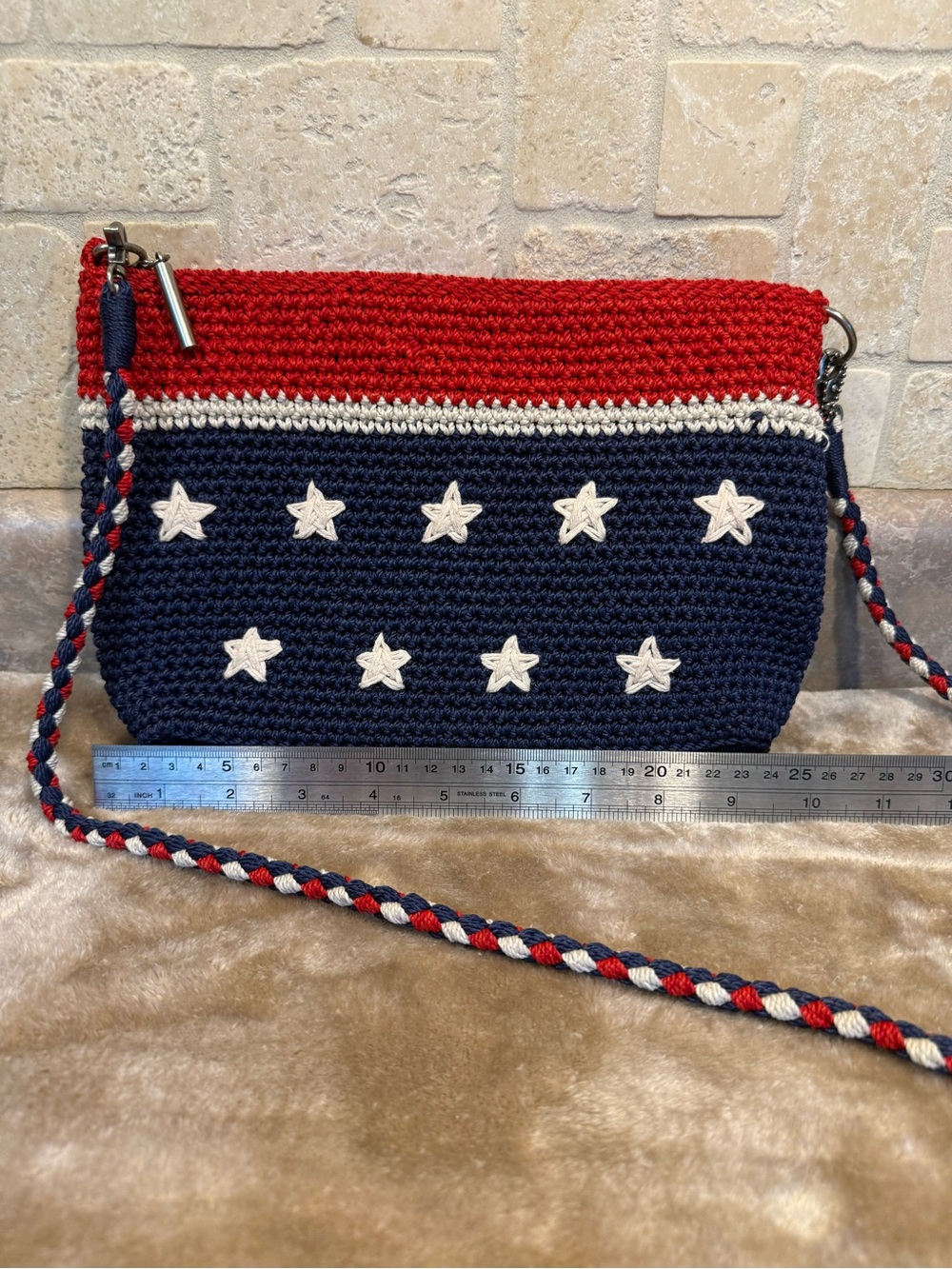 The Sak Handmade Navy, Red & White Star Crochet Crossbody Bag
